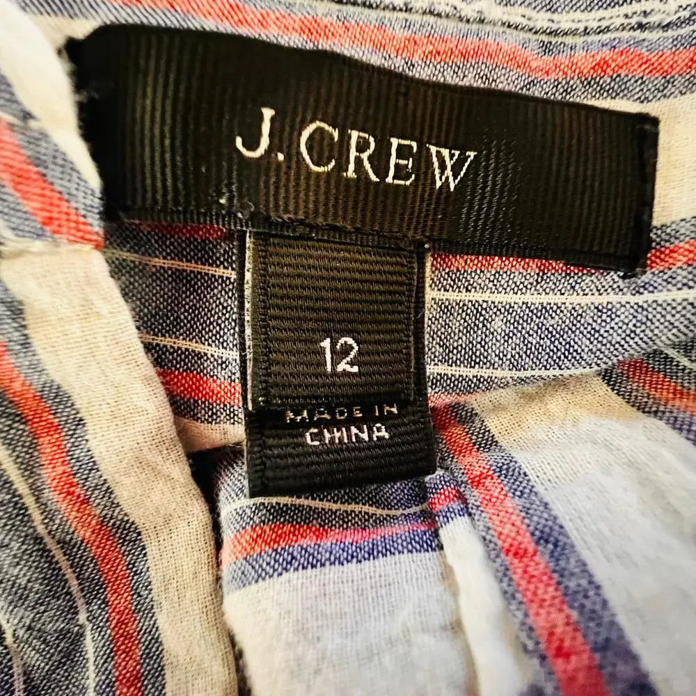 J.Crew Striped Popover Blouse 12 Split Neck Tunic Red Blue Cotton Shirt
